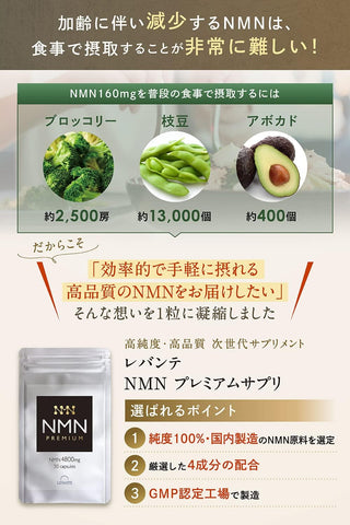Levante NMN Supplement 4800mg Analyzed (100% pure/pure) Capsules Fermented Resveratrol Reduction type coenzyme Q10 Made in Japan at a GMP-certified plant.