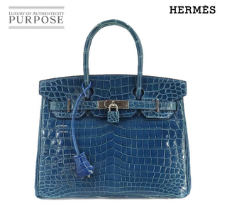 Like New HERMES HERMES Crocodile Birkin 30 Hand Bag Niloticus Blue □O Engraved Silver Gold Birkin 90217411