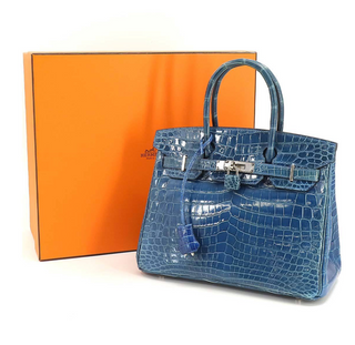 Like New HERMES HERMES Crocodile Birkin 30 Hand Bag Niloticus Blue □O Engraved Silver Gold Birkin 90217411