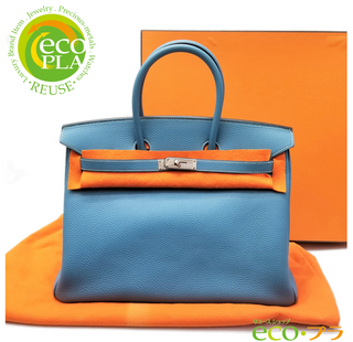 HERMES Birkin 35 Blue Jean □H stamp Silver hardware Very good condition Embossed leather handbag Blue Included