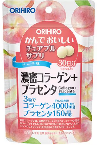 ORIHIRO 90 chewable collagen capsules, peach flavour.